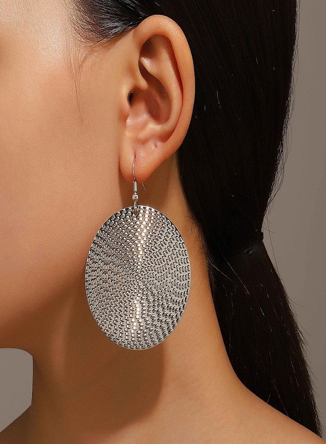 Anmpab Boho Large Disc Earrings for Women Vintage Geometric Hammered Round Circle Drop Dangle Earrings Statement Jewelry (Silver) - Image 2